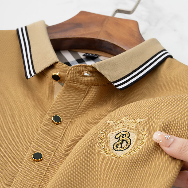 Men's Luxury Polo Shirt With Silk-Blend Fabric And Crown Crest Embroidery Contrast Beige Plaid Trim On Collar And Cuffs For Smart Casual Style In