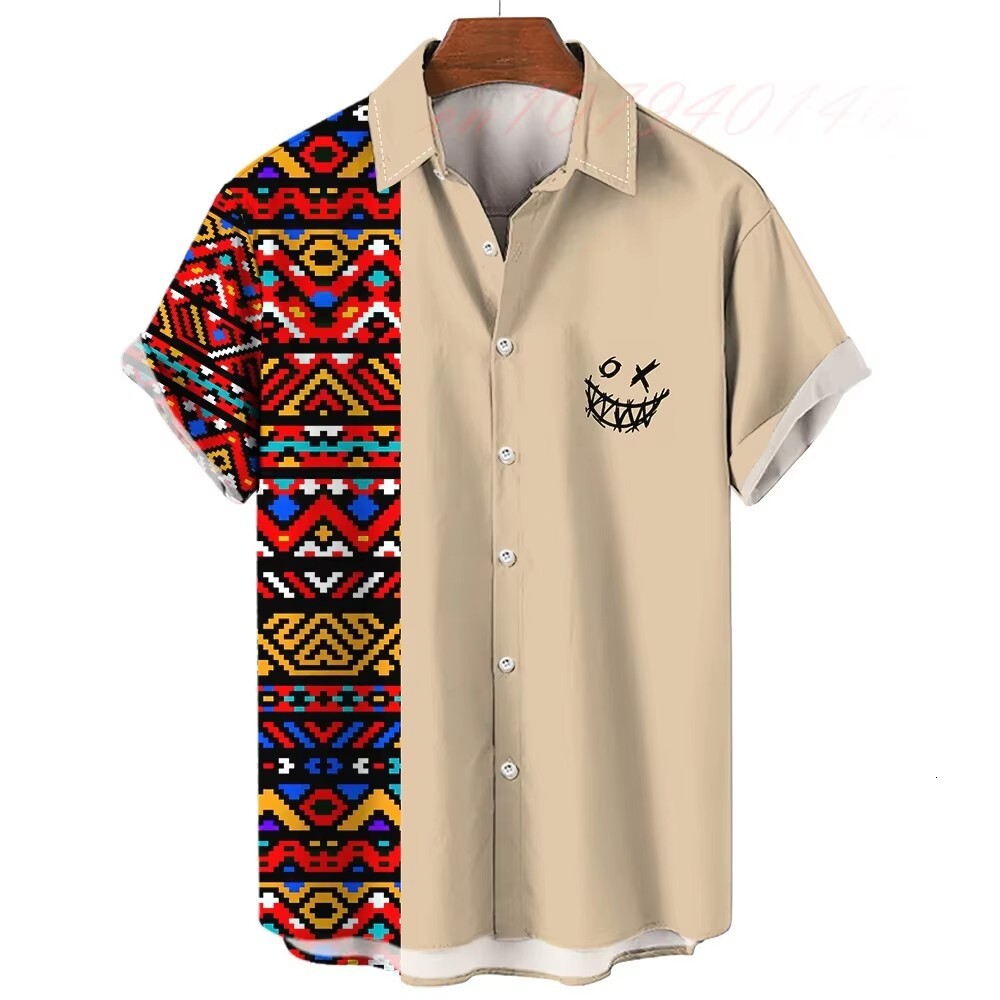 Mens Designer Tribal Print Linen Shirt Short Sleeve Casual Button Down Hawaiian Style Summer Beach Vacation Wear Plus Size