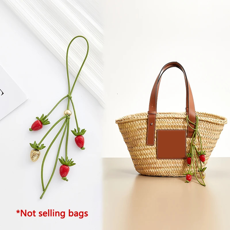 Classic Woven Straw Basket Keychain, Tomato String Bag Charm with Crystal Pillar Bone Accent, Model 5734, Tote and Car Keychains Accessory