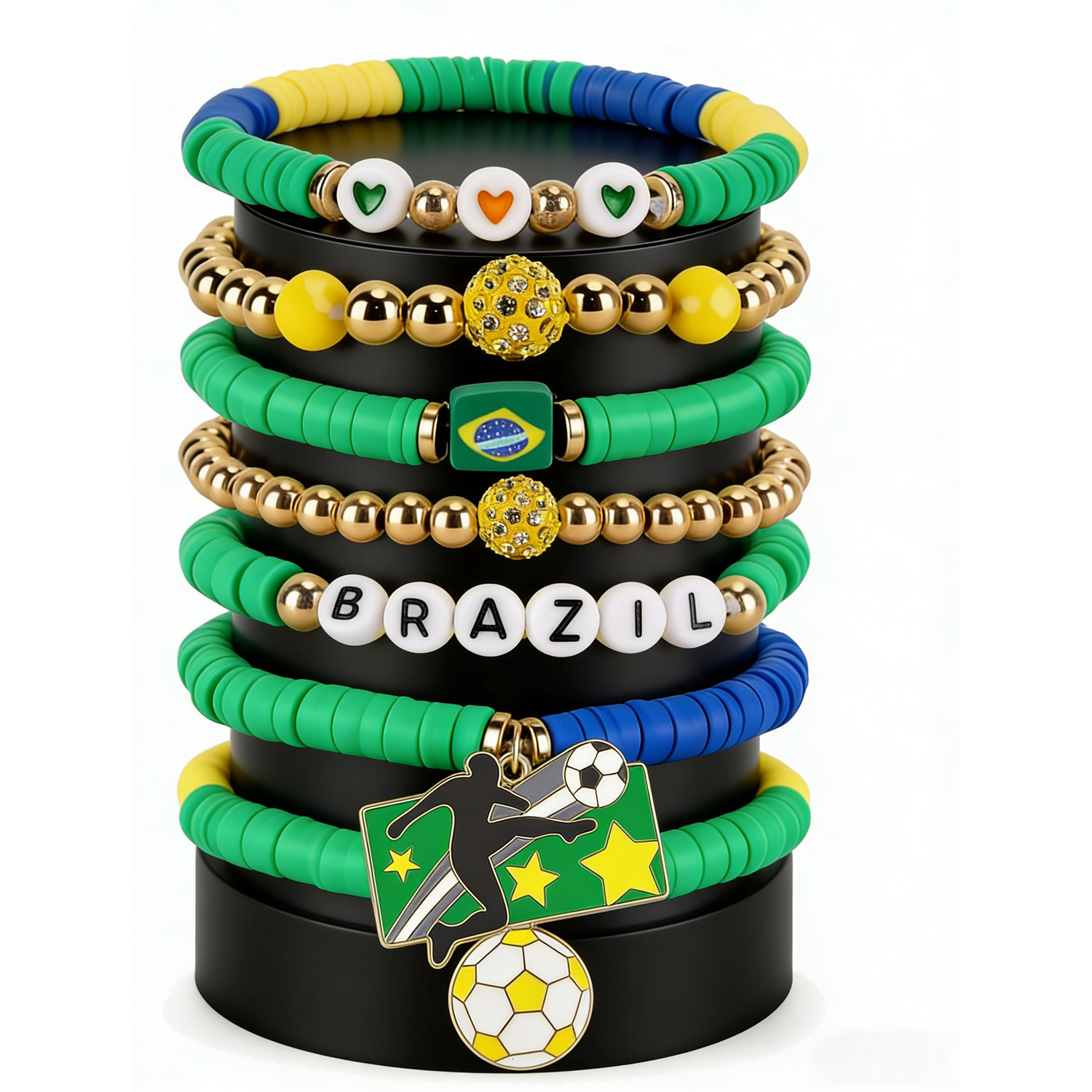 USA 2026 World Cup Soccer Fans Bracelet Set | 8Pcs Stackable Clay Beaded Wristband with Football & American Flag Charms