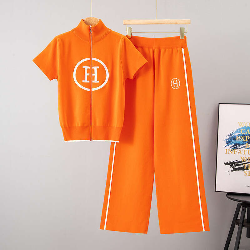 Cross-Border 2026 Summer New Women's Sports Knit Set: Loose Slimming Stand Collar Top And High-Waisted Wide-Leg Pants Two-Piece Set