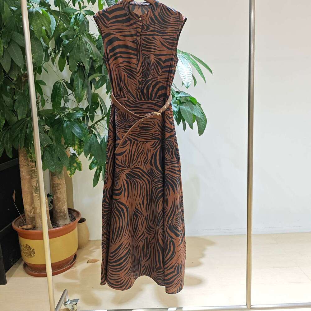 2026 k30 Spring and Summer New Printed Women's Dress, Designer Cotton A-line Stand up Collar Sleeveless Dress