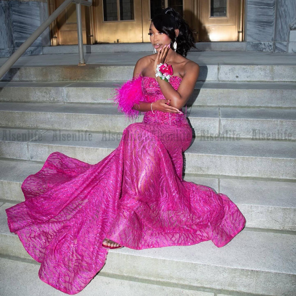 Glitter Fuchsia Gems Long Prom Dresses 2026 Black Girls Beaded Diamonds Evening Gowns Birthday Party Dress