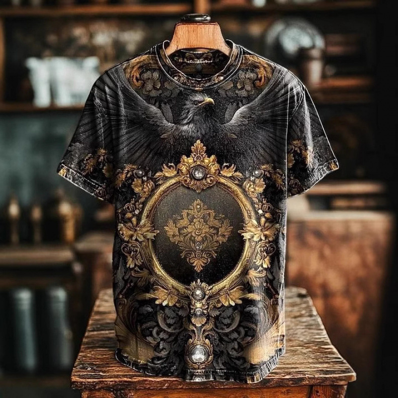 Mens Designer Vintage Baroque Print T Shirt Short Sleeve Crew Neck Streetwear Top Hip Hop Style Gold Black Pattern Casual Daily Wear