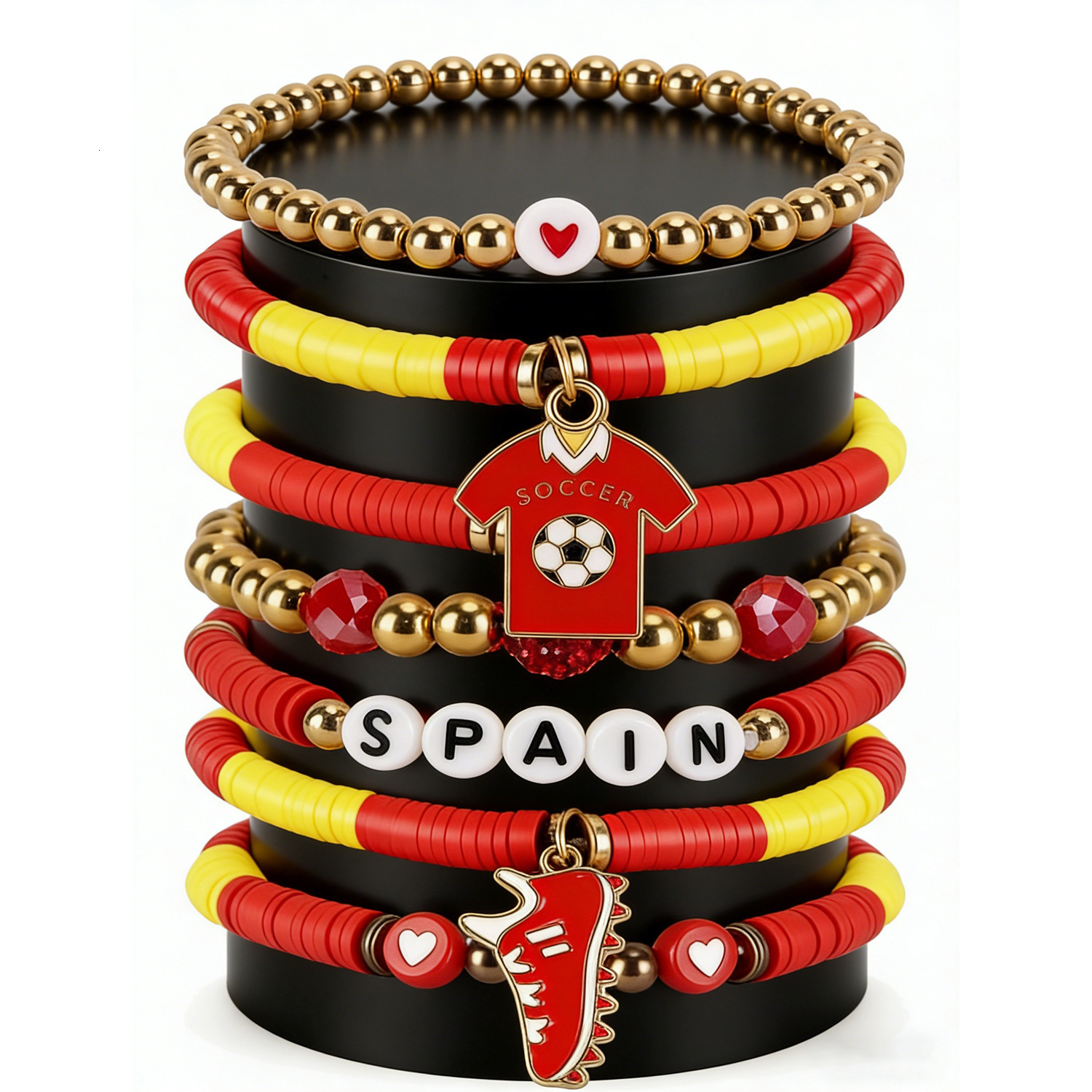 USA 2026 World Cup Soccer Fans Bracelet Set | 8Pcs Stackable Clay Beaded Wristband with Football & American Flag Charms