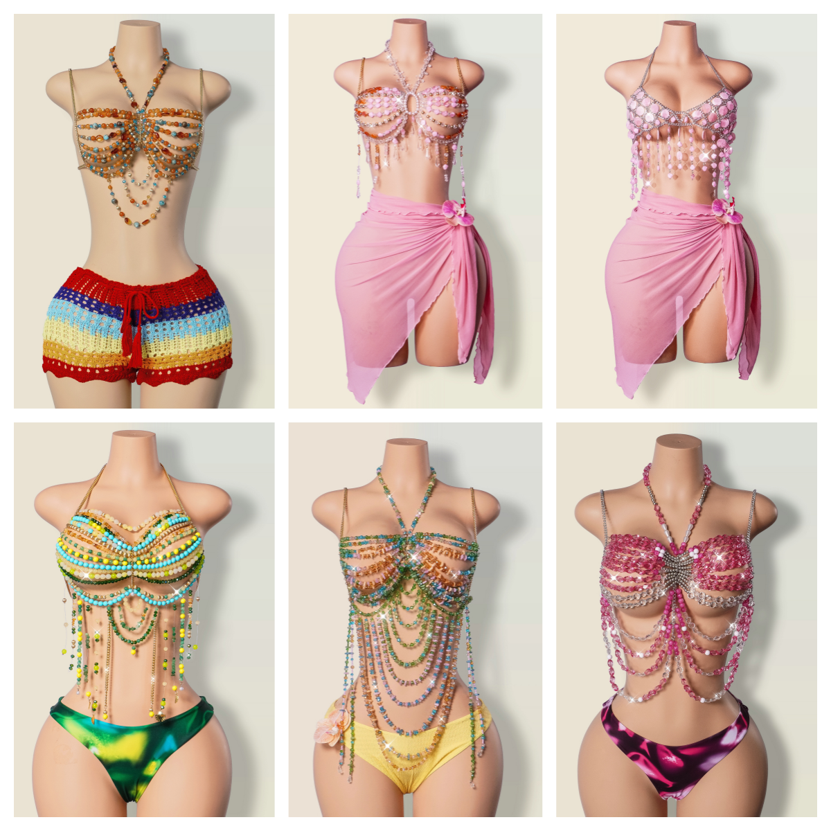 Women's Swimwear Pink PVC Hollow Out Bra Chain Metal Halter Tops Camis Sexy Backless Acrylic Beading Tassel Breast Party Night Clubwear