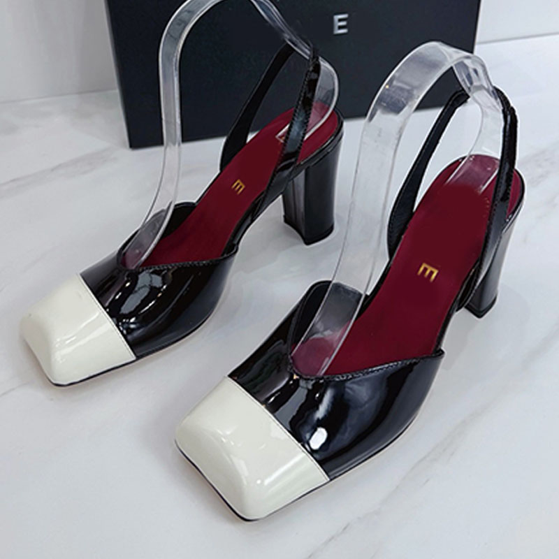 Spring Summer Calfskin Slingbacks shoes fashion Ivory splice Black Ladies elegant High block heel Slingbacks sandals Back elastic band Formal Events Slingbacks