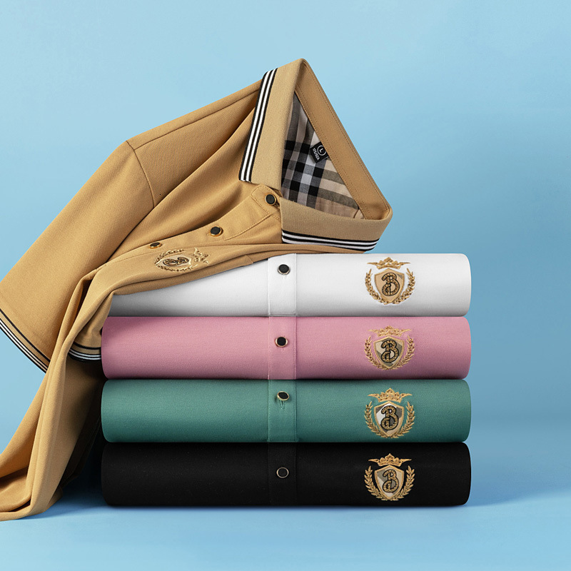 Men's Luxury Polo Shirt With Silk-Blend Fabric And Crown Crest Embroidery Contrast Beige Plaid Trim On Collar And Cuffs For Smart Casual Style In