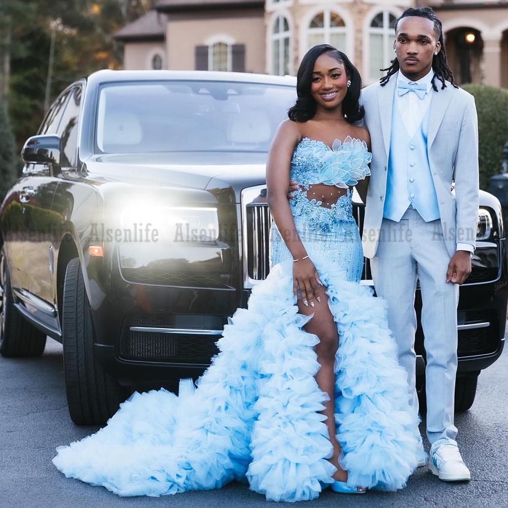 Light Blue Prom Dress 2026 Crystal Beads Black Girl Mermiad Party Outfits Matric Dance Dress