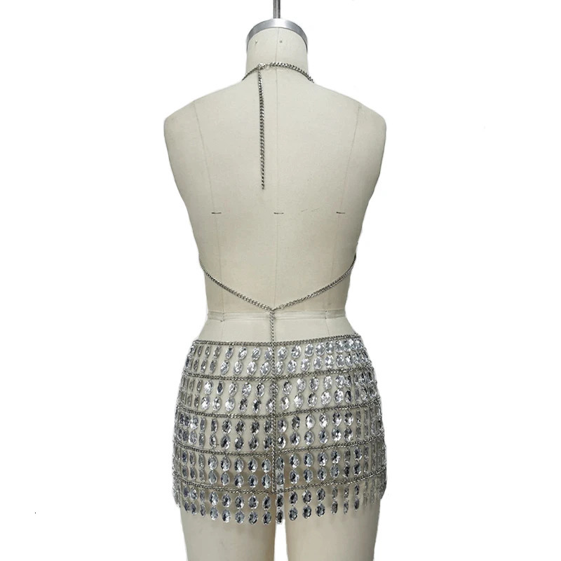 Adult Sexy Music Gem Backless Skirt Set Crystal Body Chain Women Silver Rhinestone Bra Top Waist Belly Chain 260424