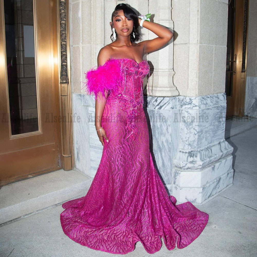 Glitter Fuchsia Gems Long Prom Dresses 2026 Black Girls Beaded Diamonds Evening Gowns Birthday Party Dress