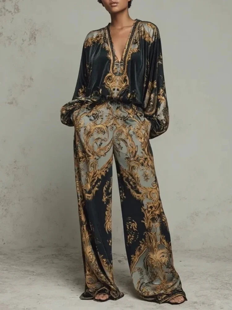 Retro Pattern Printed 2 Pieces Set for Woman Sexy Deep V Neck Top Blouses Elegant Outfit 2026 Spring Fall Wide Leg Trousers Suit 260427
