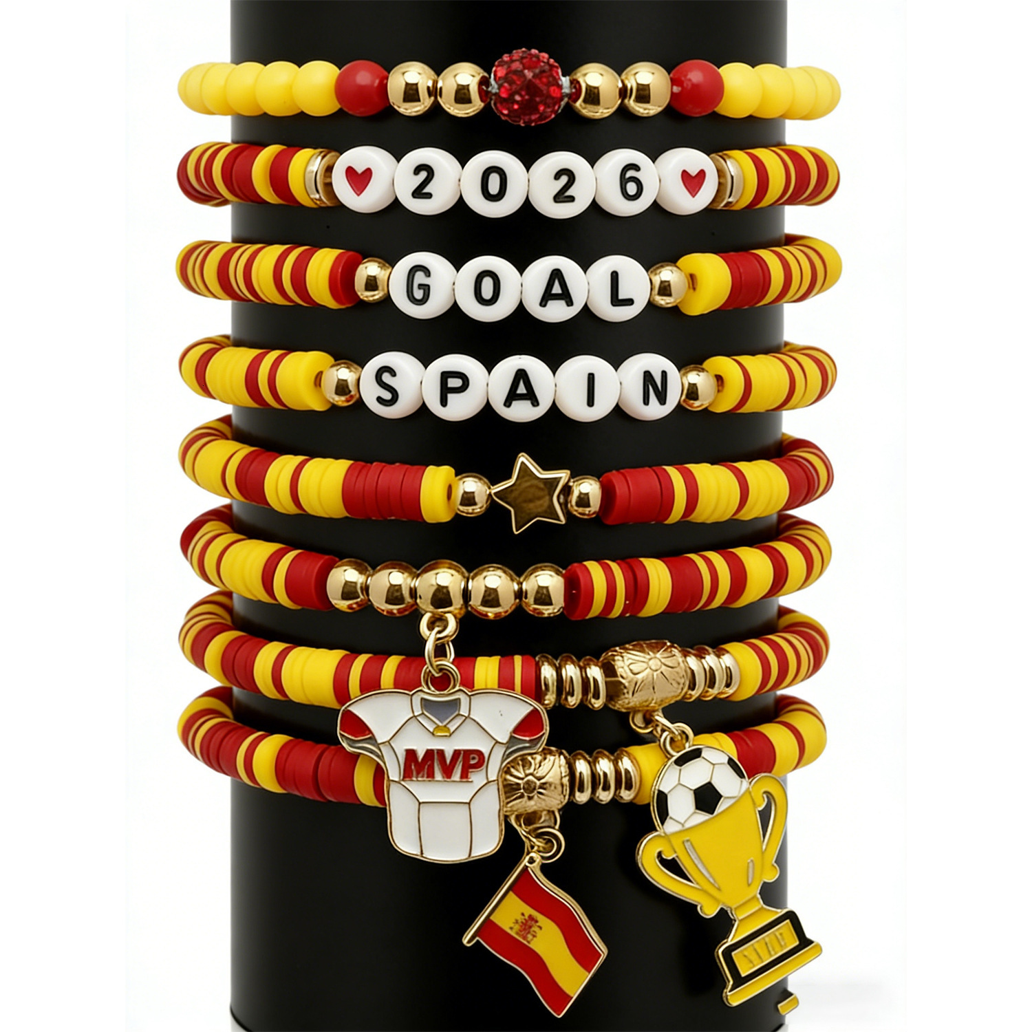 USA 2026 World Cup Soccer Fans Bracelet Set | 8Pcs Stackable Clay Beaded Wristband with Football & American Flag Charms