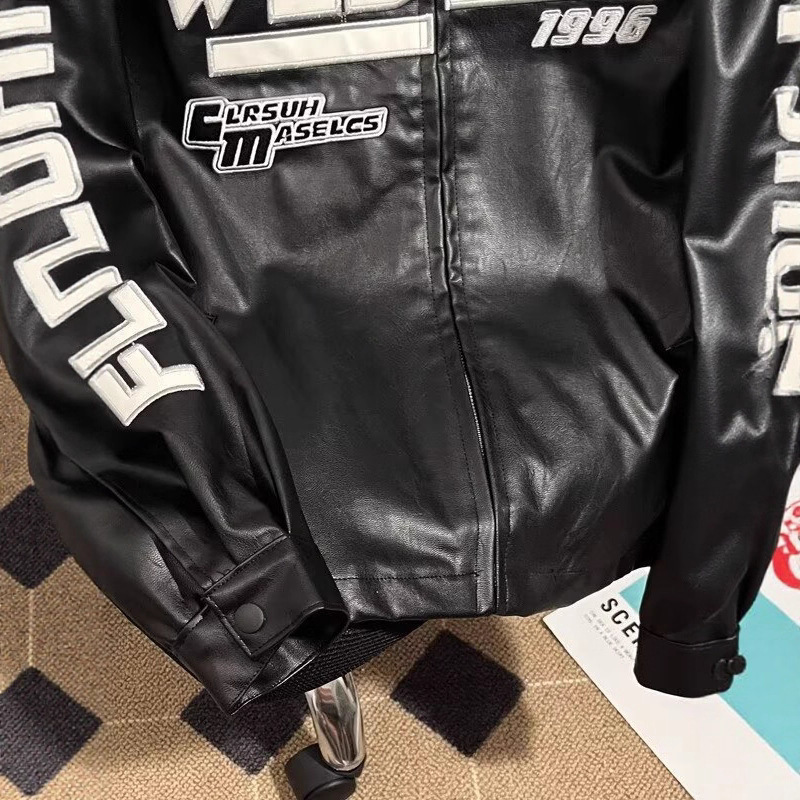 American fashion PU leather flame racing element embroidered zipper jacket mens Y2k autumn and winter couple jacket 250213
