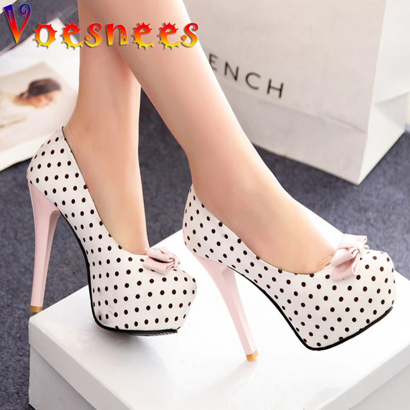 2026 Spring Autumn Womens Pumps Sweet Bow Polka Dot High-Heeled Single Shoes Round Toe Thin Heels Plus Size Women Shoes 260428