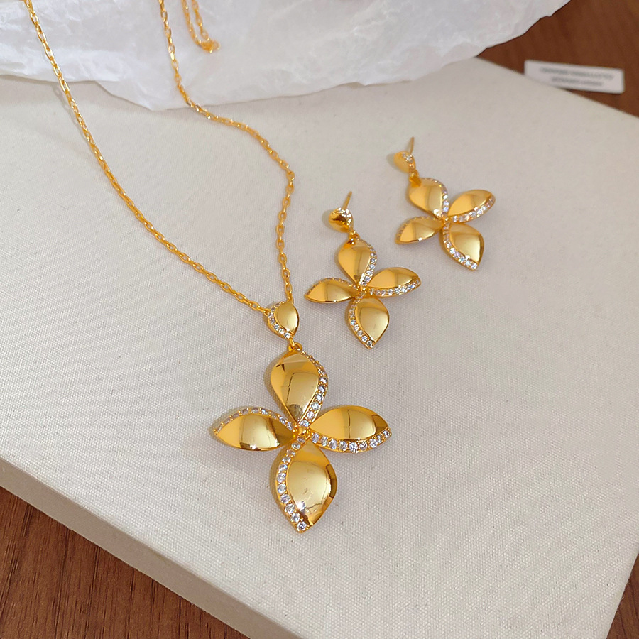 18K real gold plated silver needle zircon flower earrings necklace, light luxury niche collarbone chain, European and American metal style jewelry - view 6