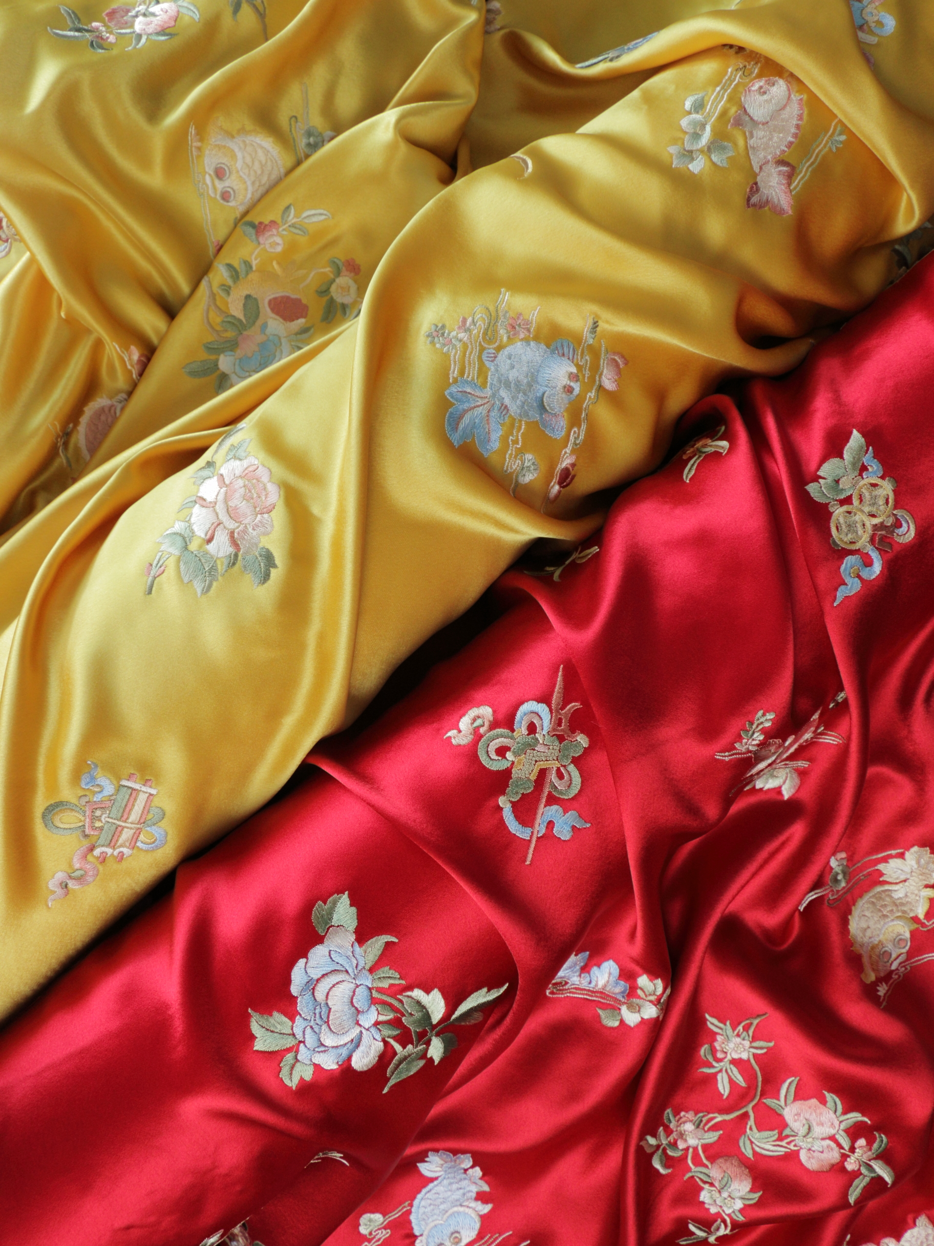 Retro Original Pattern, Skin-Friendly & Soft, Golden Fortune & Jade Peony Embroidered Acetate Satin, Chinese Style Fabric