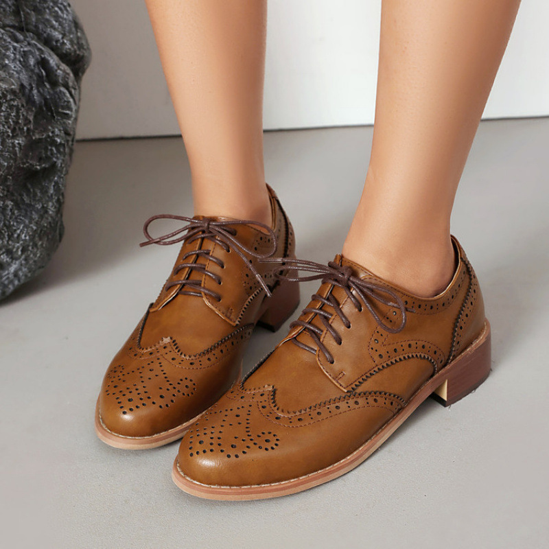 Soft Leather Brown Oxford Shoes Womens Brogue Derby Lace Casual Shoes Sports Shoes Work Party 241106
