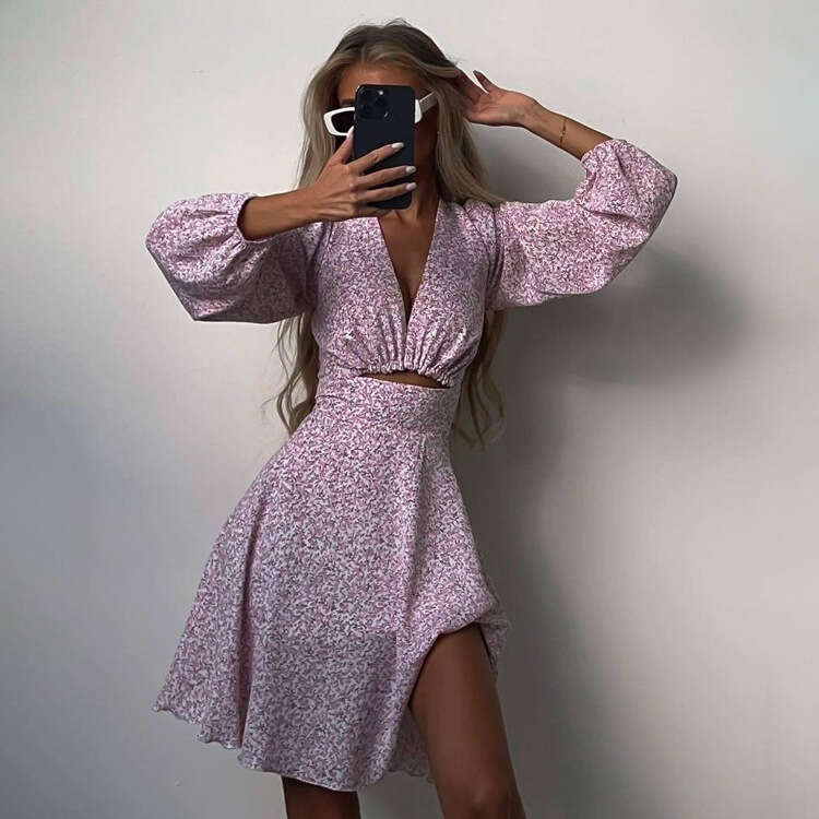 Summer New Foreign Trade Women French Printed Dress, Long Sleeve V Neck Slim Fit Elegant Casual Daily Party Office Midi Dress MAKOUFEI