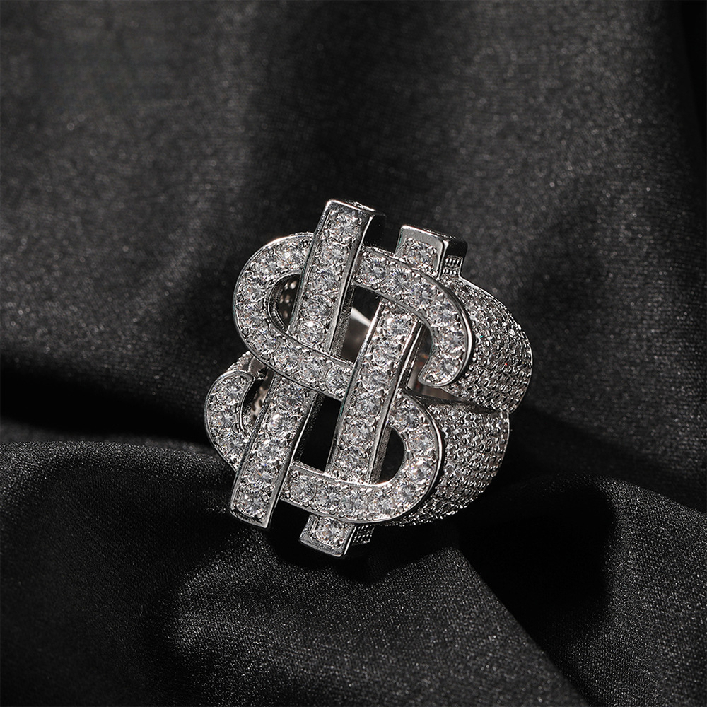 New best-selling hip-hop perforated dollar sign ring. Full of diamonds. Trendy and personalized men's ring for gentlemen.