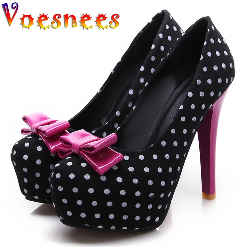2026 Spring Autumn Womens Pumps Sweet Bow Polka Dot High-Heeled Single Shoes Round Toe Thin Heels Plus Size Women Shoes 260428