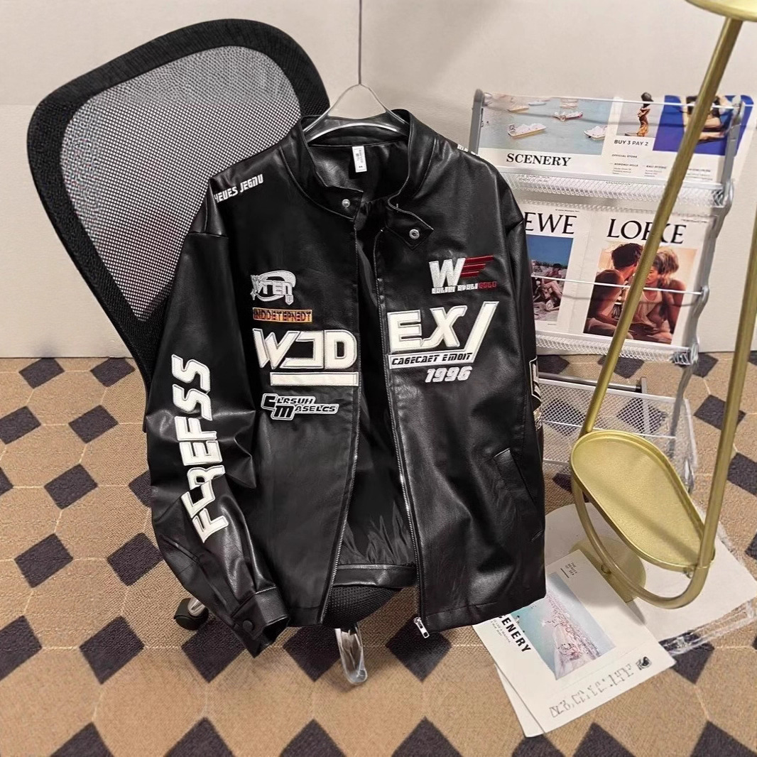 American fashion PU leather flame racing element embroidered zipper jacket mens Y2k autumn and winter couple jacket 250213
