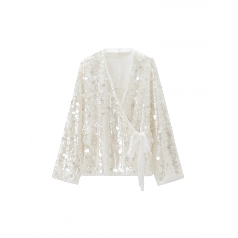 Fashion Sequins Womens Lace Up Coat Glitter Street Vneck Female Jacket Long Sleeve Loose Autumn Holiday Party Lady Tops 250828
