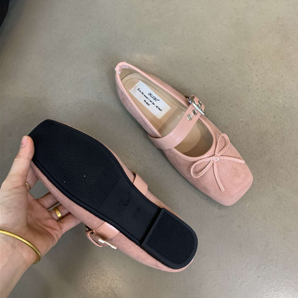 Internet Celebrity Square Toe Women's Autumn New Flat Bowknot Single Ballet Silver Belt Buckle Mary Jane Shoes