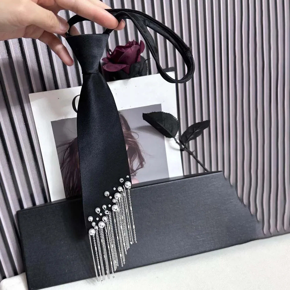 Temperament Korean Style Pearls Tie Tassels Black Handbeaded Long Necktie Collares Necklace Decoration Shirt Students 260428