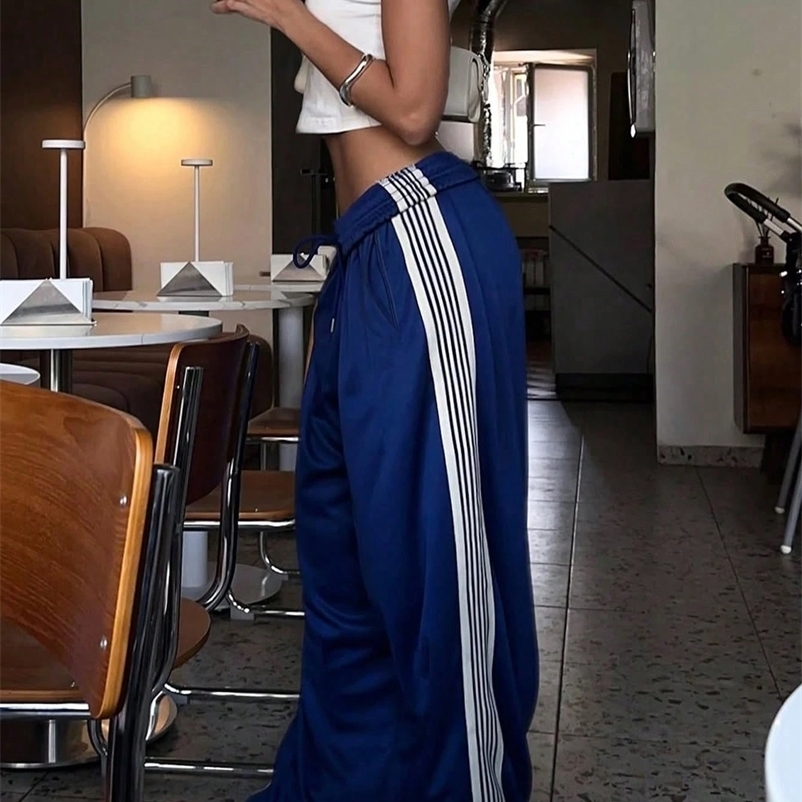 Womens Satin Wide Leg Track Pants Side Stripe Elastic Waist Casual Streetwear Trousers for Daily Fashion 260428