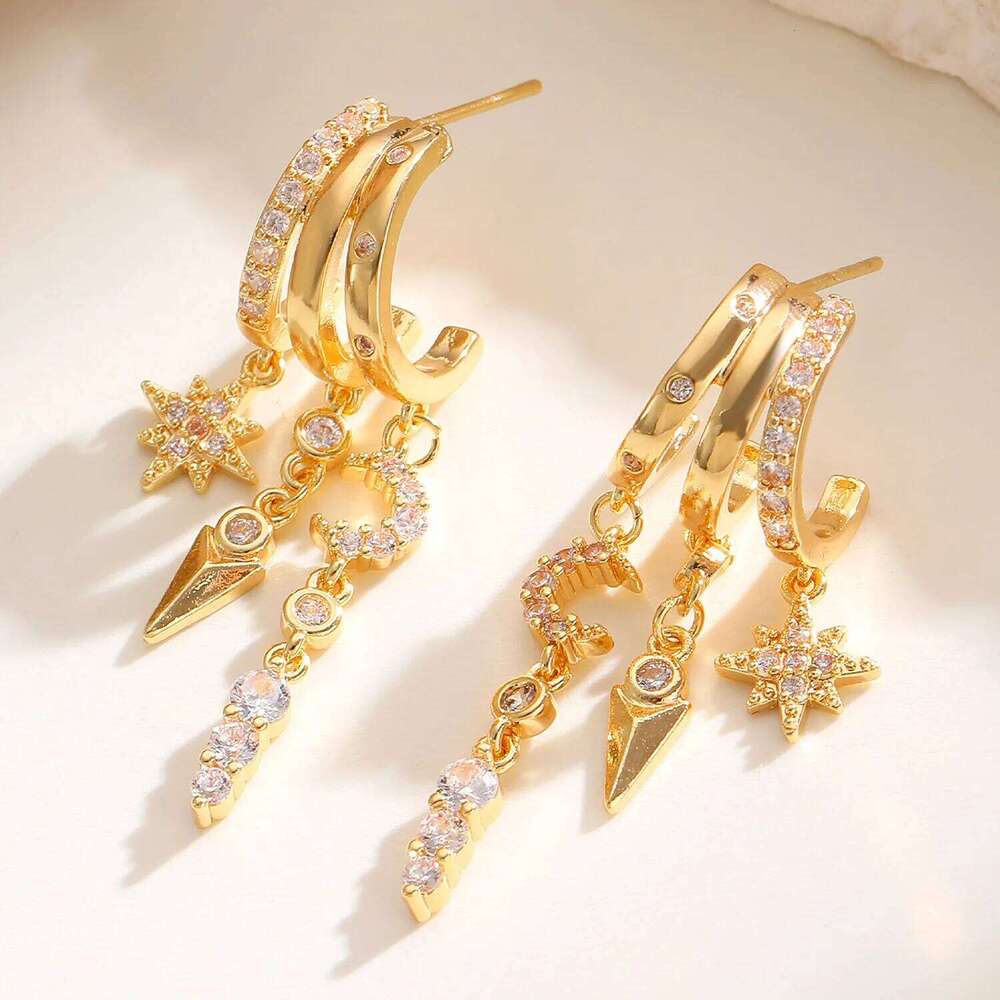 Luxury Rhinestone Moon Star Tassel Earrings for Women Zircon Crystal Gold Color Drop Earring Stack Ear Pierc Jewelry Gifts New