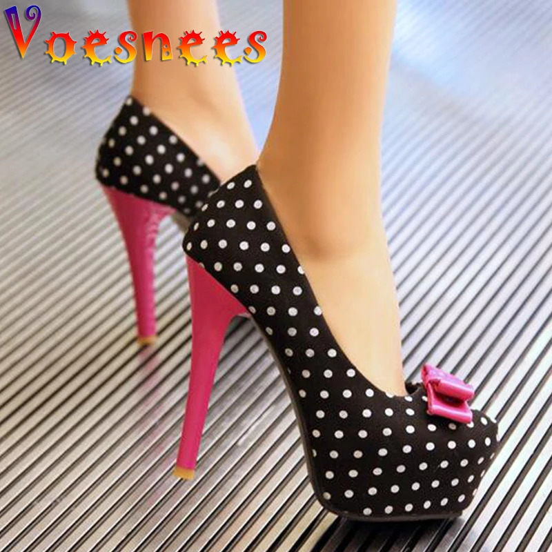 2026 Spring Autumn Womens Pumps Sweet Bow Polka Dot High-Heeled Single Shoes Round Toe Thin Heels Plus Size Women Shoes 260428