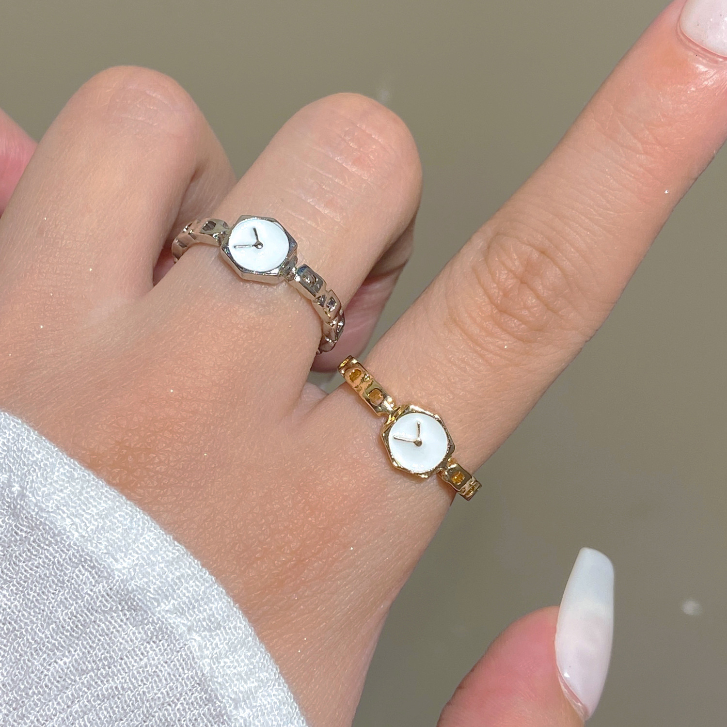 Designer Reverse Clock~ Minimalist Design Watch Band Ring for Women, Adjustable Open Thin Dripping Glaze Index Finger Ring with Chain