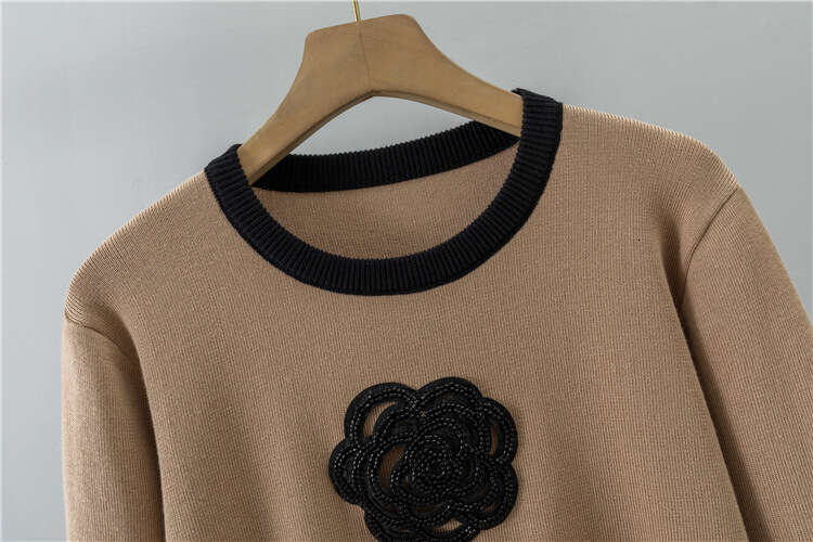 Essential Set Fashionable And Exquisite Camellia Pattern Knitted Style Set Women's Round Neck Knitted Sweater Wide Leg Pants Two Piece Set Design - view 5