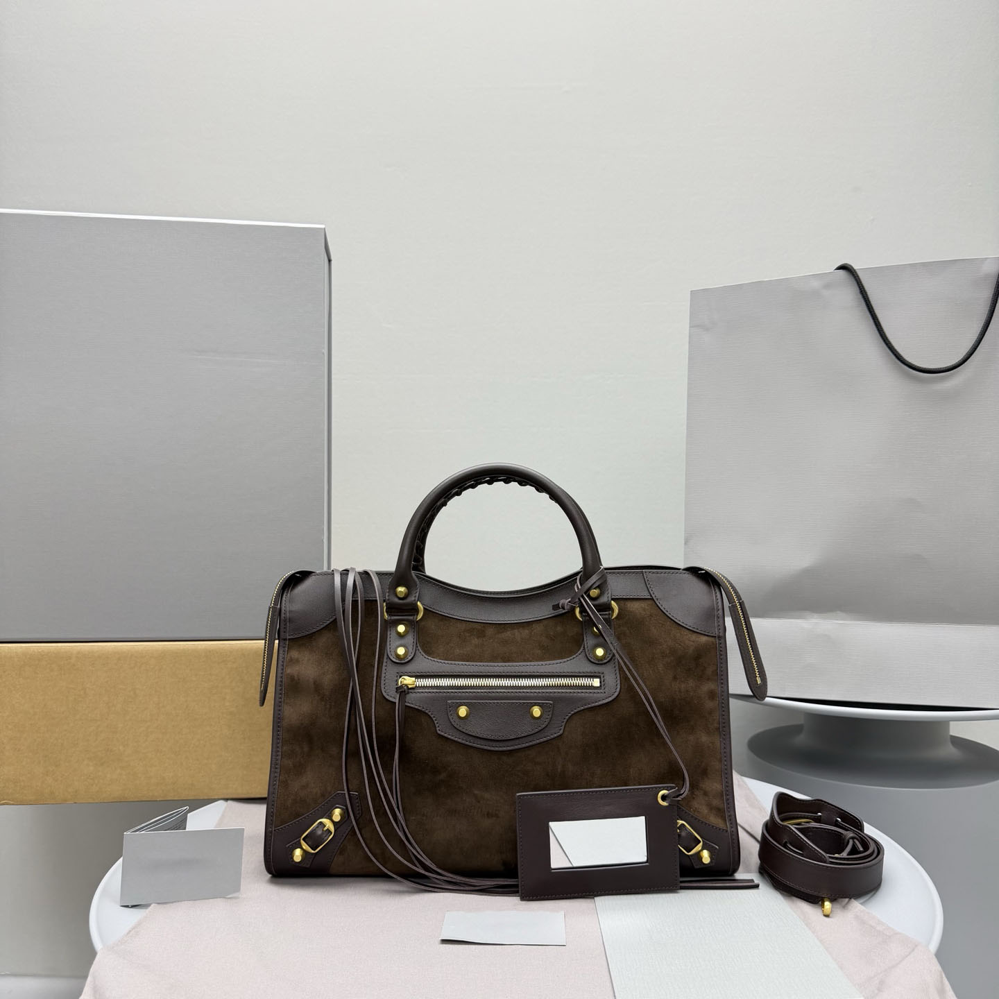 Designer Bag Moto Series Suede Tote Bag Luxury Brown Patchwork Handbag Vintage Rivet Shoulder Bag Large Capacity Office Commuting Purse