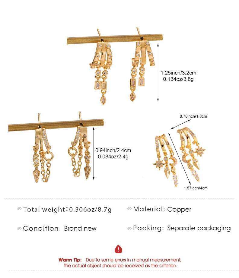 Luxury Rhinestone Moon Star Tassel Earrings for Women Zircon Crystal Gold Color Drop Earring Stack Ear Pierc Jewelry Gifts New