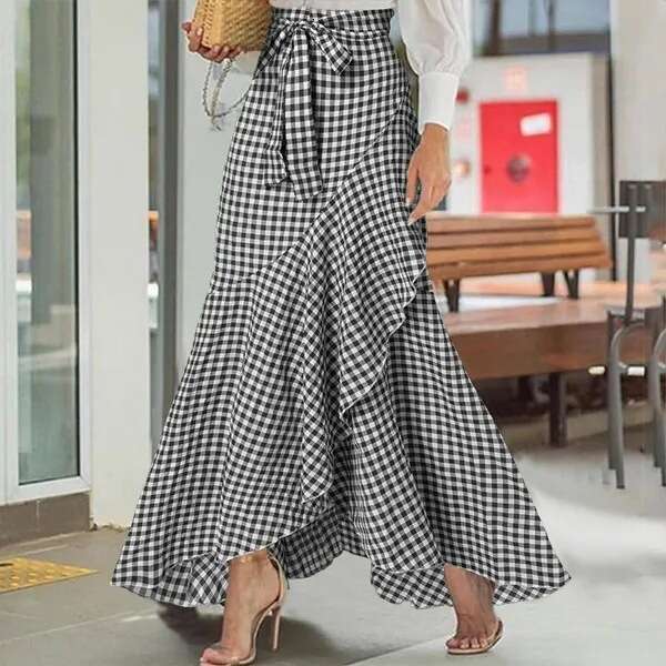 New European American Women Plaid Mermaid Skirt, High Waist Ruffled Irregular Hem, Ruffle Trim Umbrella Wrap Casual Elegant Long Maxi Skirt MAKOUFEI