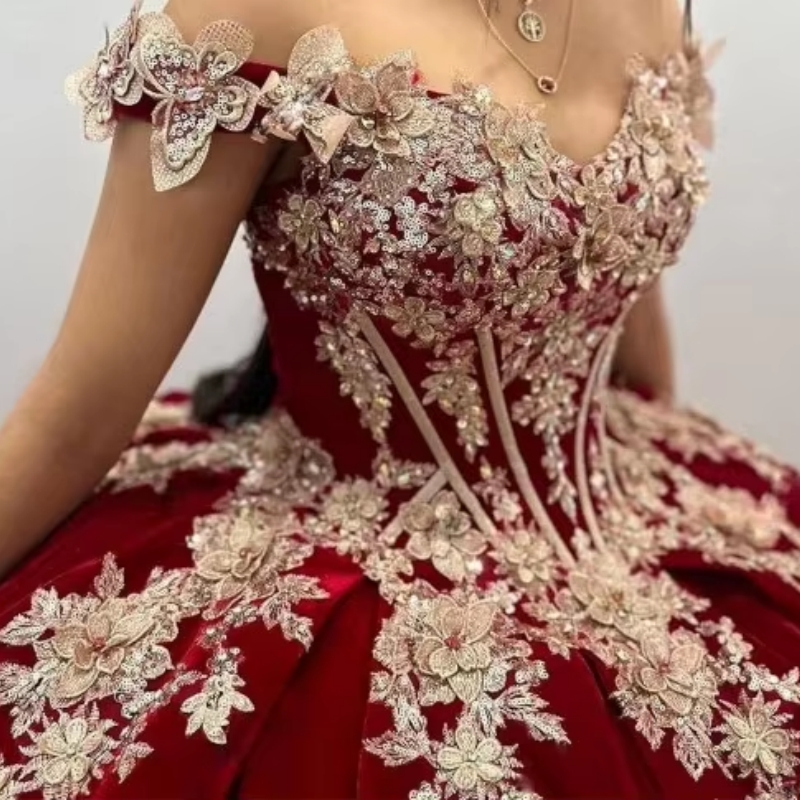 Red Shiny Princess Sweet 16 Dress Quinceanera Dresses Gold Applique Bow Beading Crystal Party Birthday Vestidos 15 De Anos