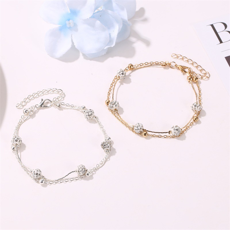 Designer European and American Niche Double Layer Anklet Shamballa Diamond Ball Crystal Anklet for Women Multi-layer Simple Alloy Beach Foot Jewelry