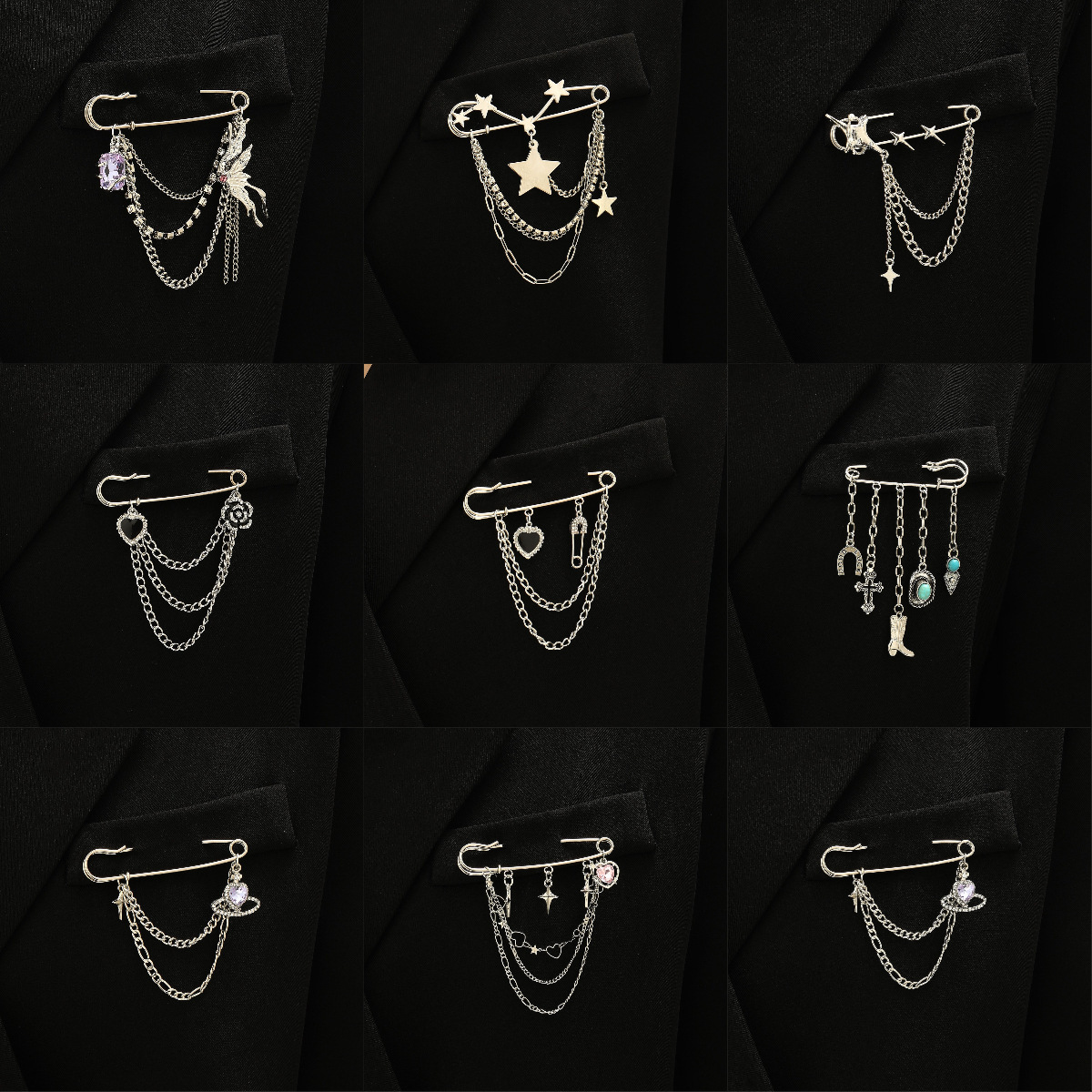 Designer minimalist jewelry: paperclip chain brooch, punk hip-hop heart pin, tassel accessory for suits, for men and women