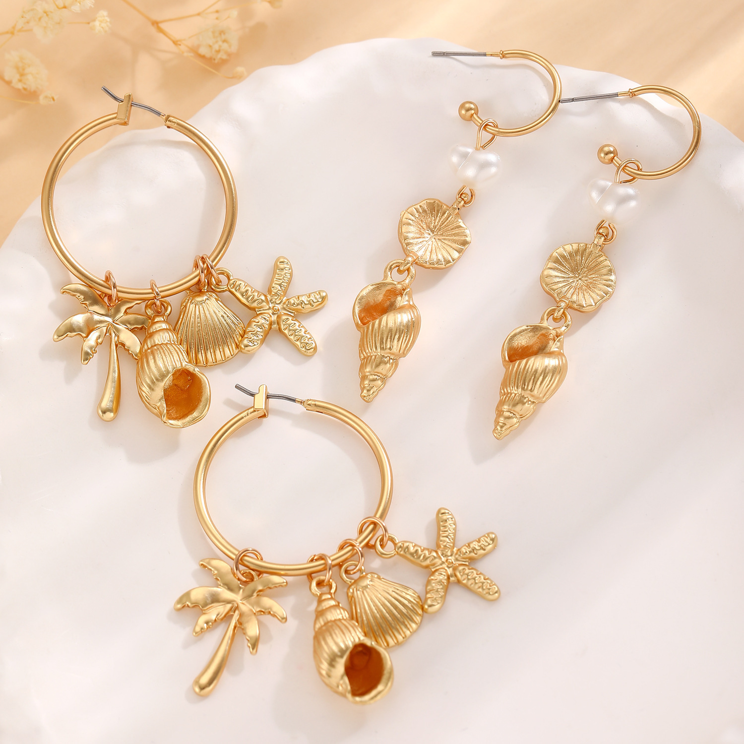 Designer European and American cross-border fashion accessories ocean series pearl conch shell starfish earrings holiday style earrings for women