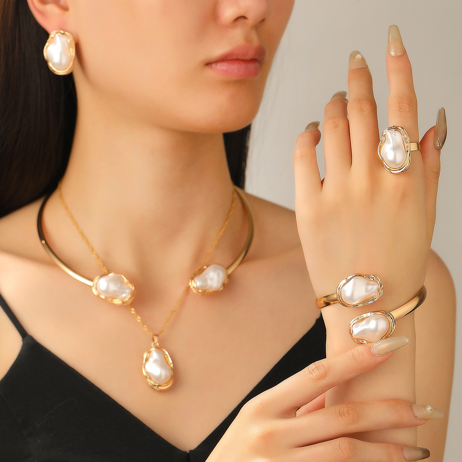 Designer European and American Cross-Border Baroque Irregular Pearl Set Jewelry for Women High-End Necklace Earrings Ring Bracelet Choker