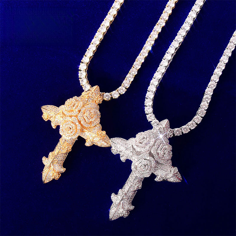 Designer Luxury Hip-hop Rose Cross Pendant Necklace For Men, Copper Inlaid With Zirconia, Hip-hop Fashion Jewelry Necklace