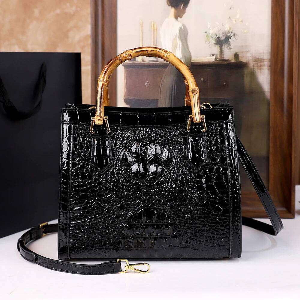 New Crocodile Patterned Middle Aged Mom Bag, Genuine Leather Bamboo Joint Handle Handbag, High End Luxury Single Shoulder Crossbody Bag SENYY