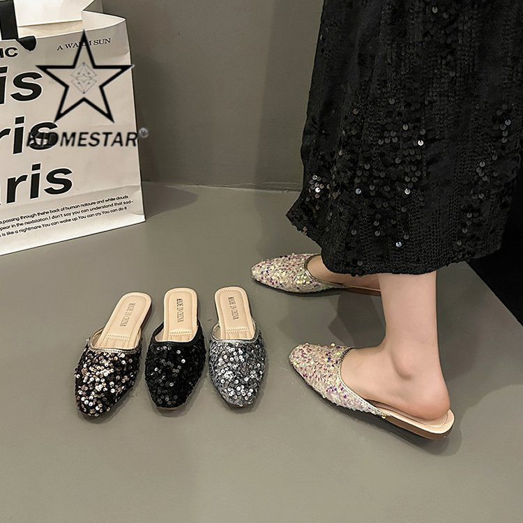 French Style Designer Model High-end Slip-on Sandals Exquisite And Luxurious Women's Single Shoes New Outdoor Style Casual Flat Shoes Sequined Sa