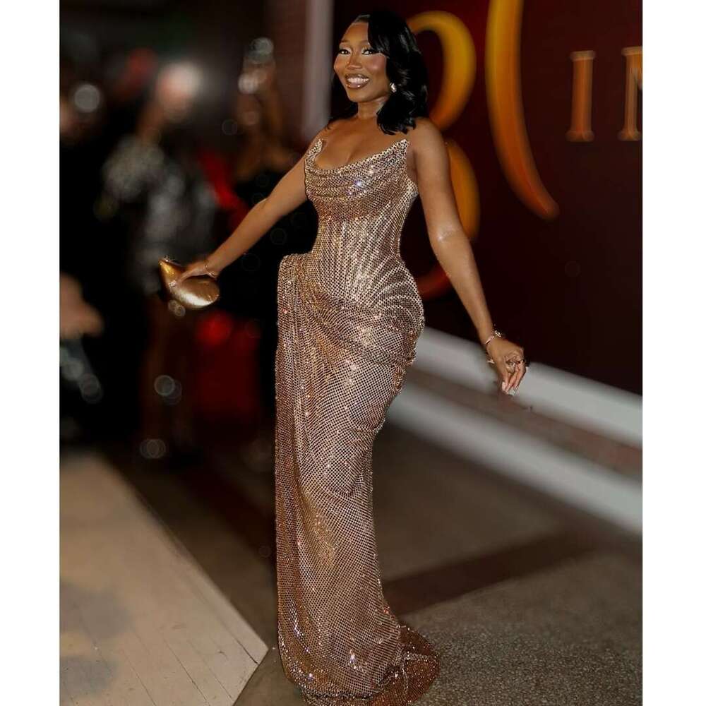 Luxury Rose Gold Mermaid Evening Dresses For Black Girls 2026 Rhinestones Bustier Corset Prom Dress Side Slit Exquisite Party Gowns Customized BC22858