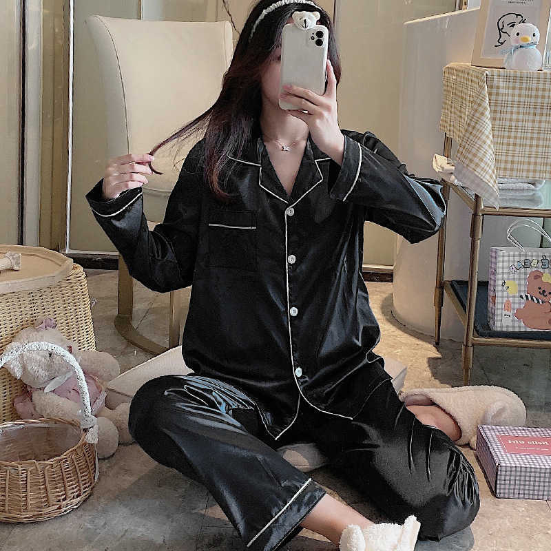 Womens 2Piece Solid Silky Pajama Set LongSleeve Buttons Lapel Top And Elastic Long Pants With Contrast Trim And Pockets Pjs1 D251020