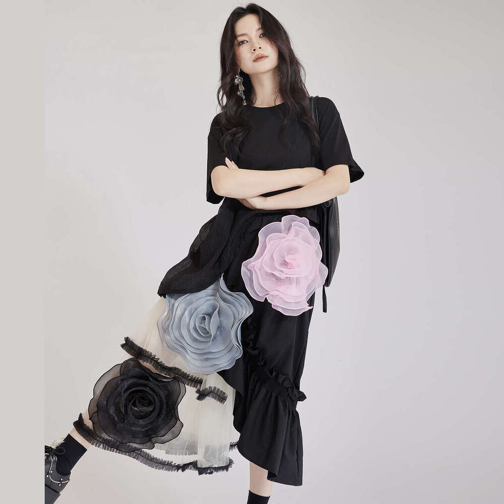 Niche Designer Luxury French Retro Women Midi Skirt, Irregular Mesh Patchwork Puffy Dress, Big Rose Print Elegant Party Casual Streetwear MAKOUFEI