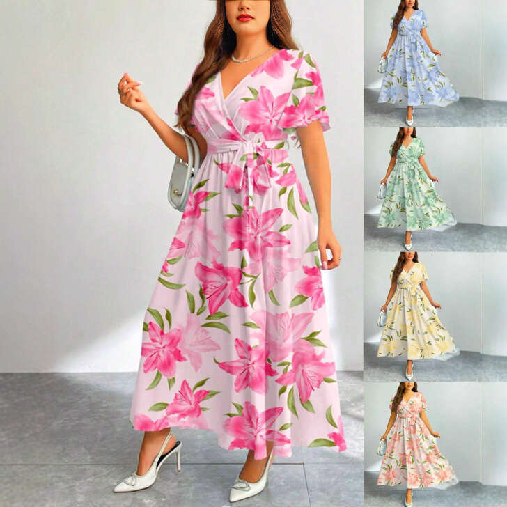 Niche Designer Luxury New Arrival Women V Neck Printed Short Sleeve Dress, Casual Vacation Loose Elegant Dress, All Colors Sizes In StockMAKOUFEI