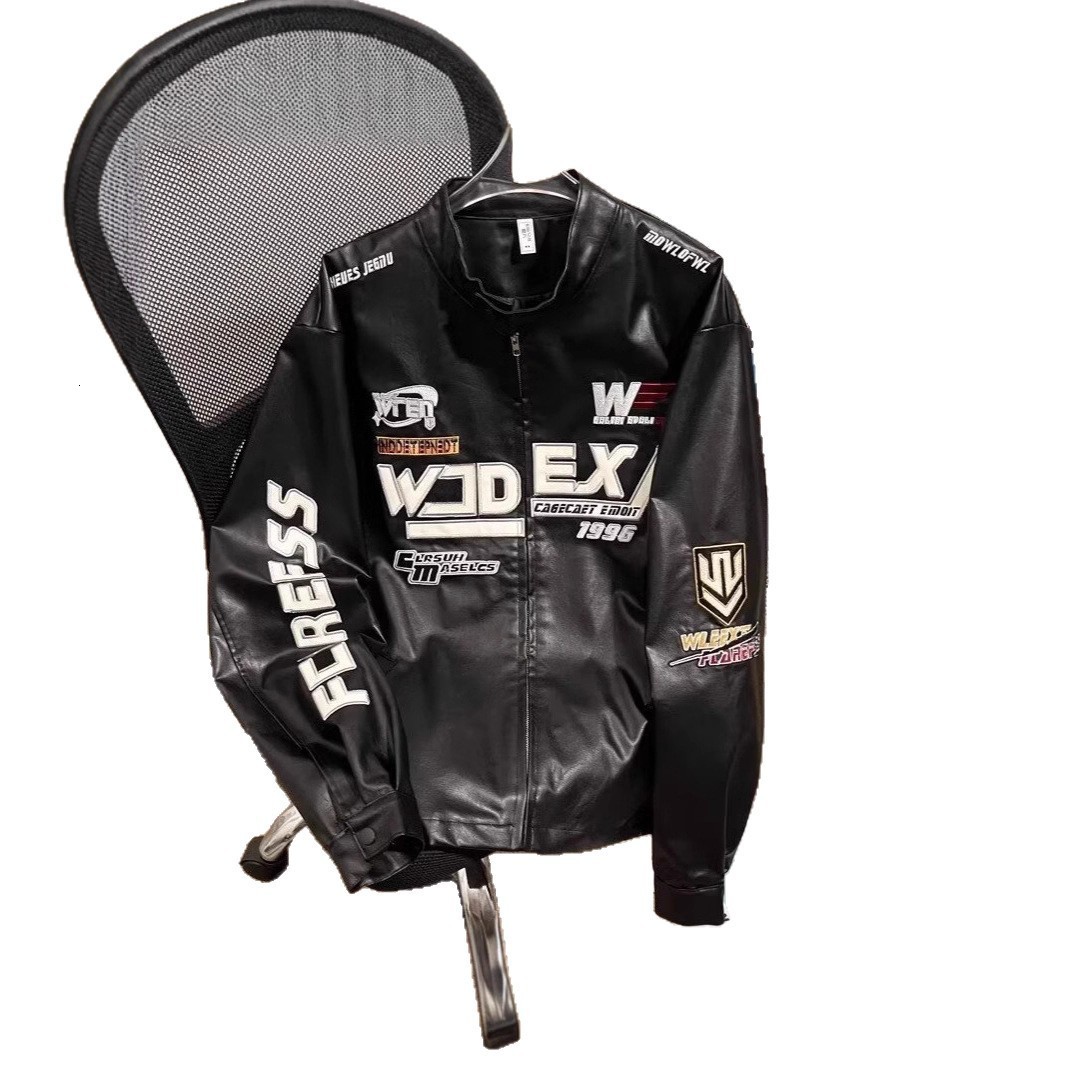 American fashion PU leather flame racing element embroidered zipper jacket mens Y2k autumn and winter couple jacket 250213